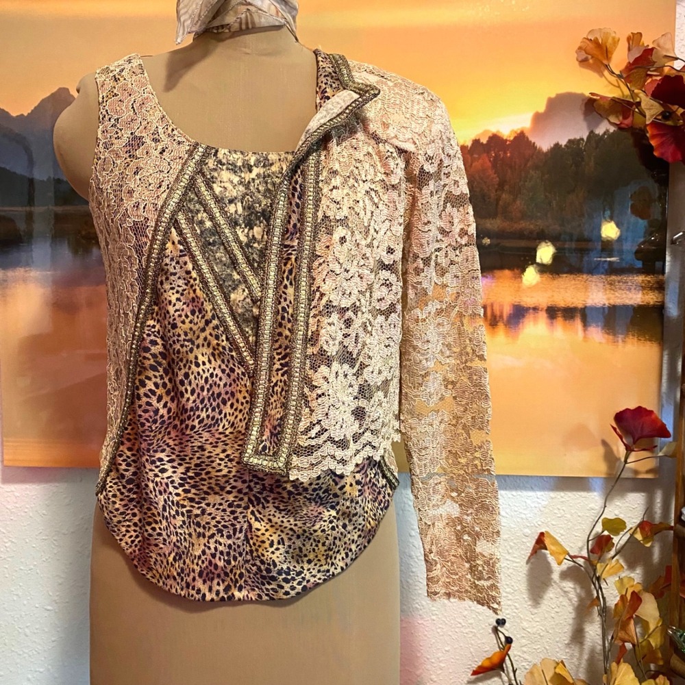 Vtg Vera Cristina 2pc Set Eclectic Grannycore Leopard Lace Women M Gold Tan USA